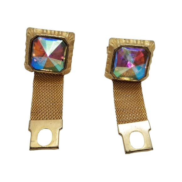 VINTAGE GOLDTONED & LARGE AURORA BOREALIS CRYSTAL STATEMENT CUFFLINKS - Picture 4 of 5